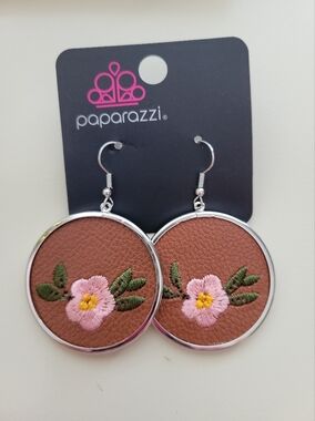 Paparazzi Brown Leatherette Pink Floral Drop Earrings